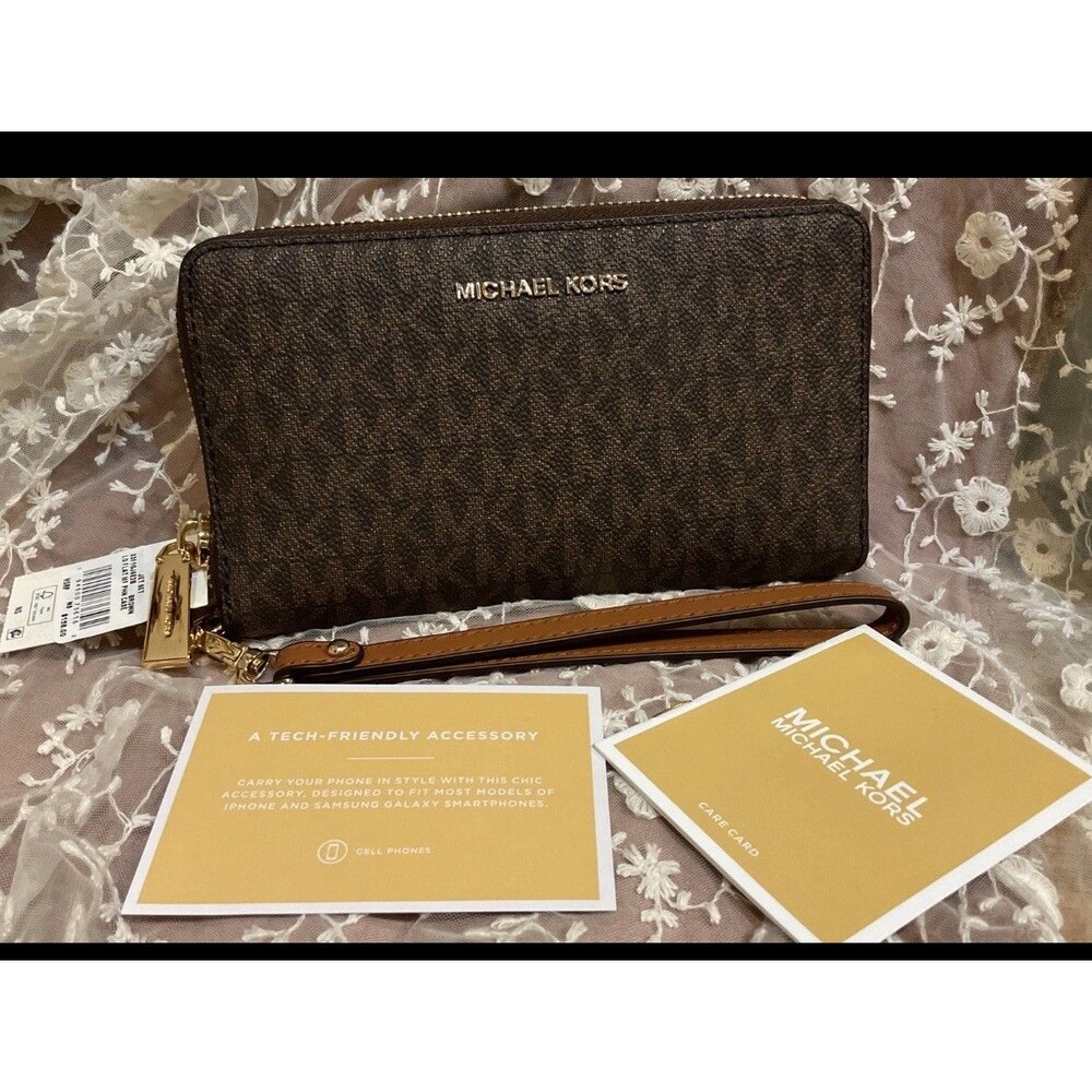 MICHAEL KORS Signature Logo-print Canvas Large Wristlet - Brown 32F1GJ6E2B NWT